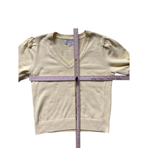 Loft Sweater Womens Large Yellow Short Sleeve V Neck Puff Sleeve Cotton - Picture 8 of 8